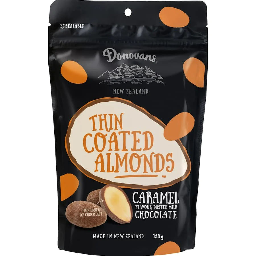 Donovans Caramel Dusted Milk Chocolate Thin Coated Almonds 150g