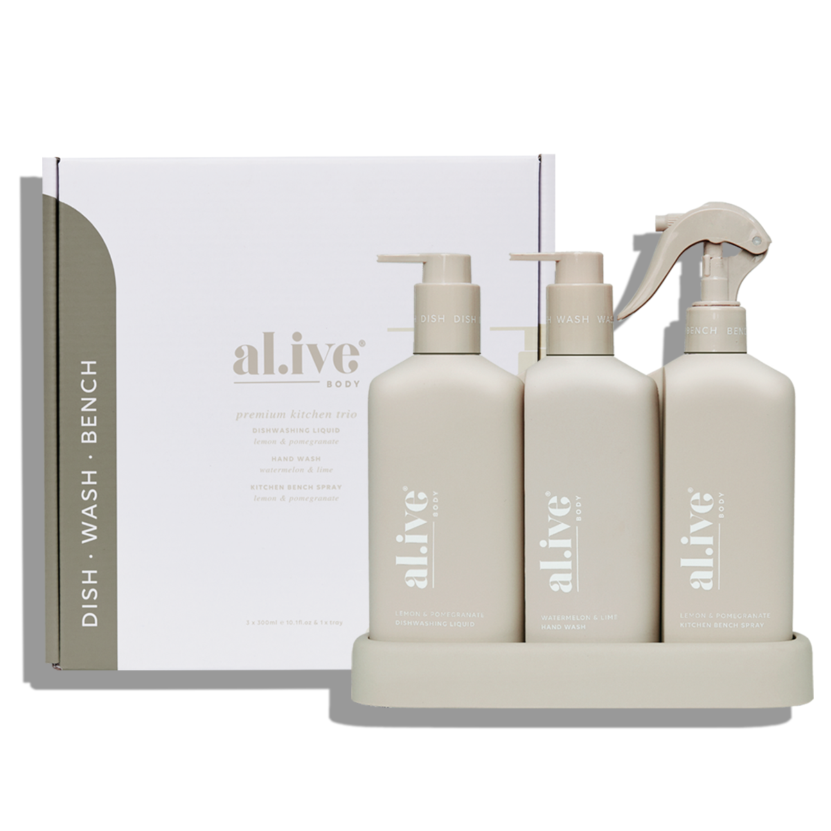 al.ive Dishwashing Liquid, Hand Wash & Bench Spray Trio + Tray  - Watermelon & Lime