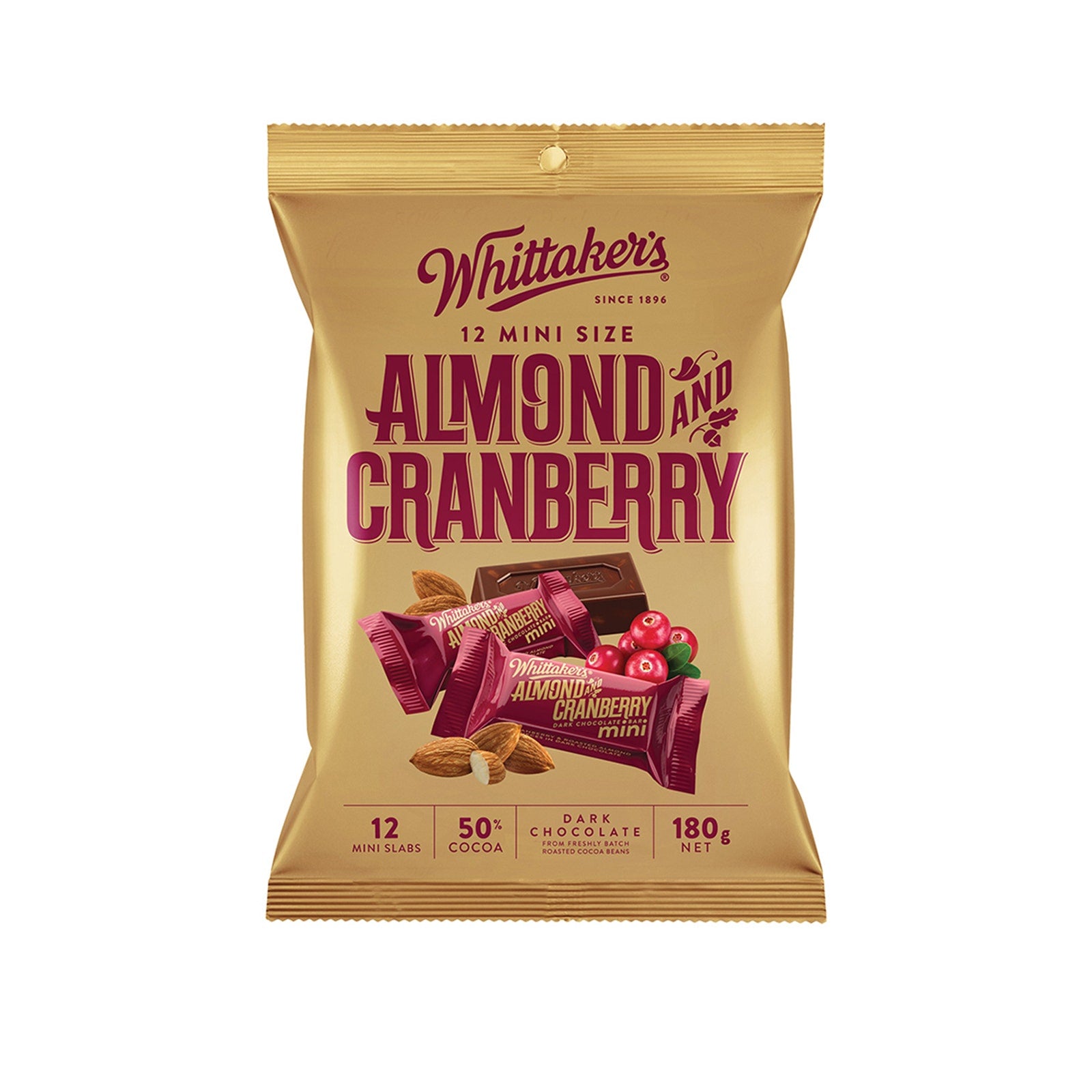 Whittakers Mini Size Almond & Cranberry Dark Chocolate Bars 12pk 180g