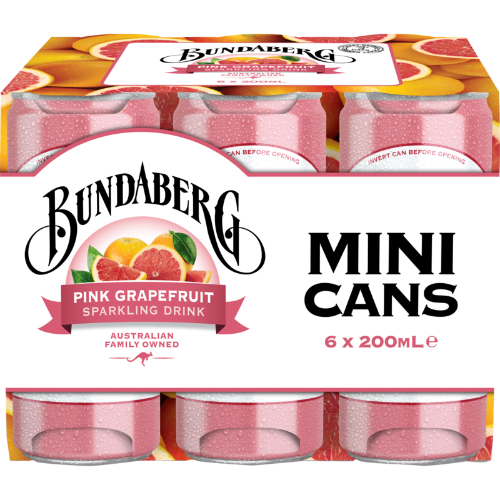 Bundaberg Pink Grapefruit Sparkling Drink Mini Cans 6pk x 200ml