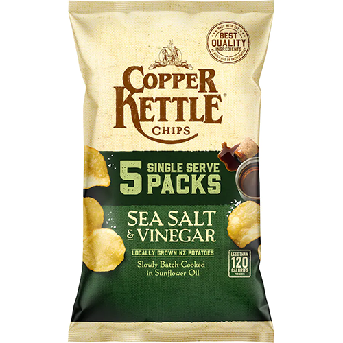 Copper Kettle Sea Salt & Vinegar Potato Chips 5pk 110g