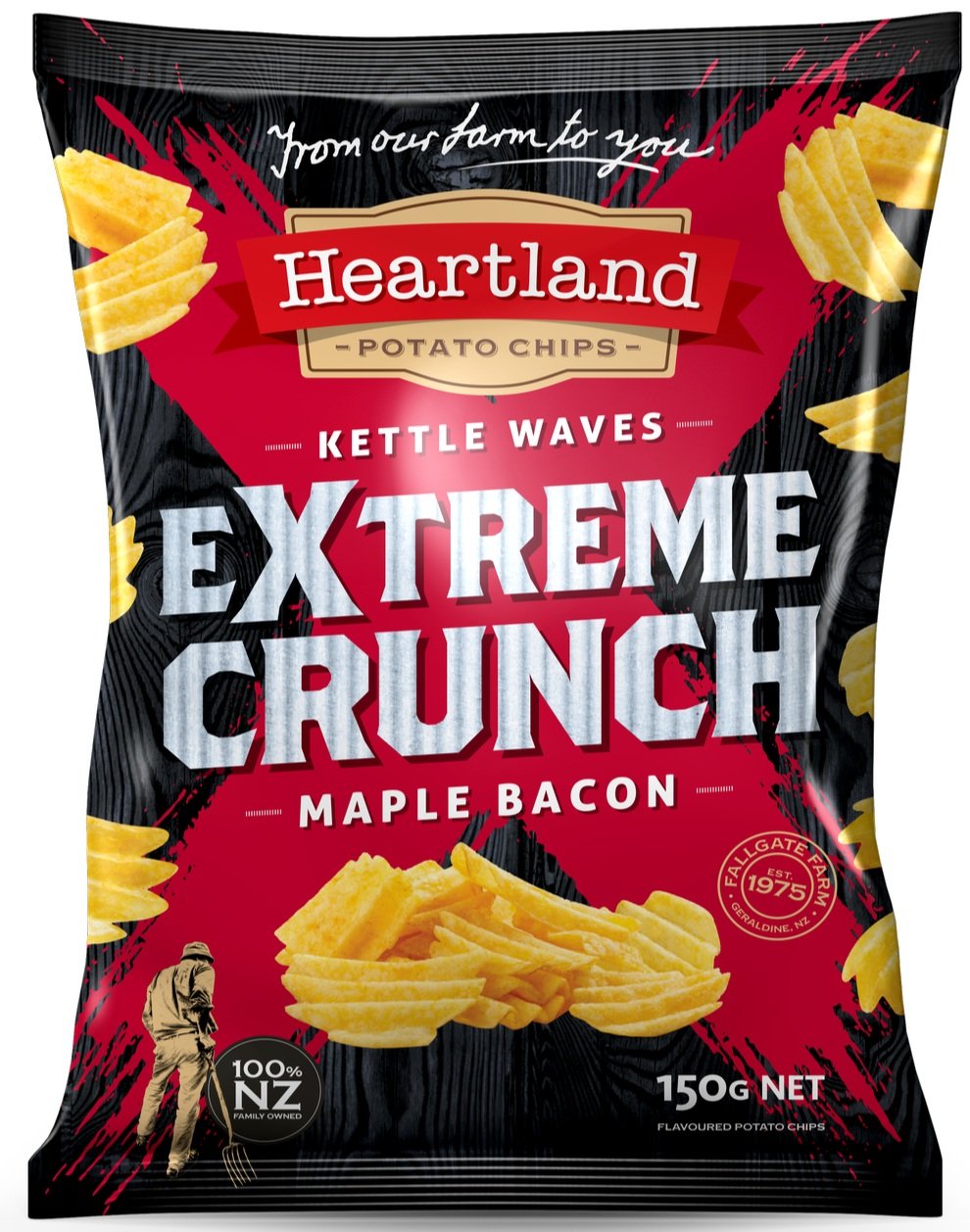 Heartland Extreme Crunch Maple Bacon Kettle Waves Potato Chips 150g