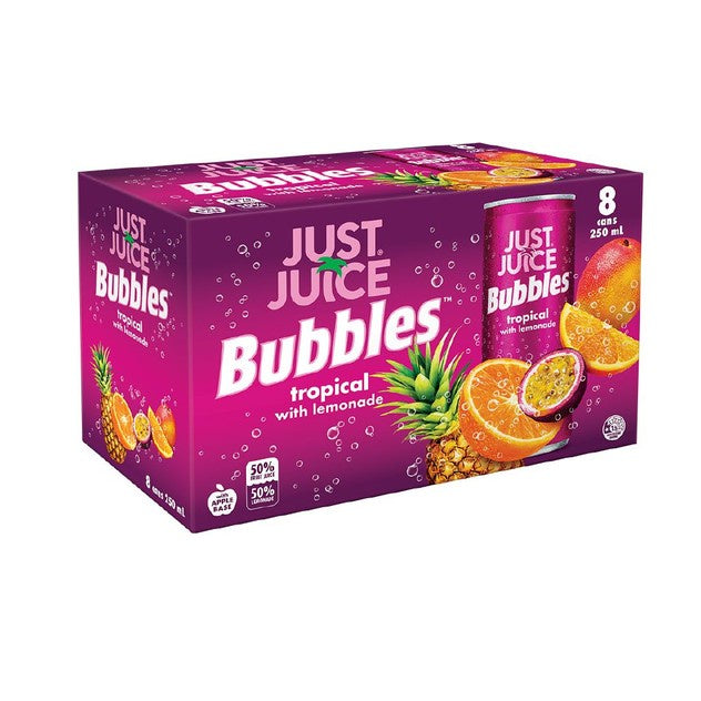 Just Juice Bubbles Tropical With Lemonade Carbonated Fruit Drink Cans 8pk x 250ml