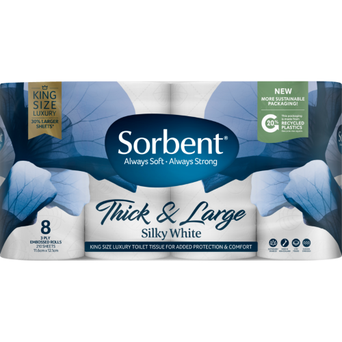 Sorbent Long Roll Silky White Toilet Tissues 3ply  8pk